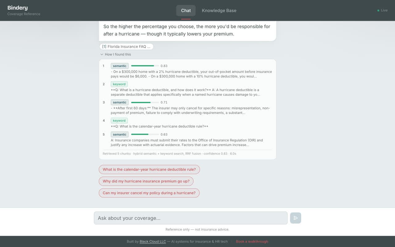Bindery answering an insurance coverage question with cited sources