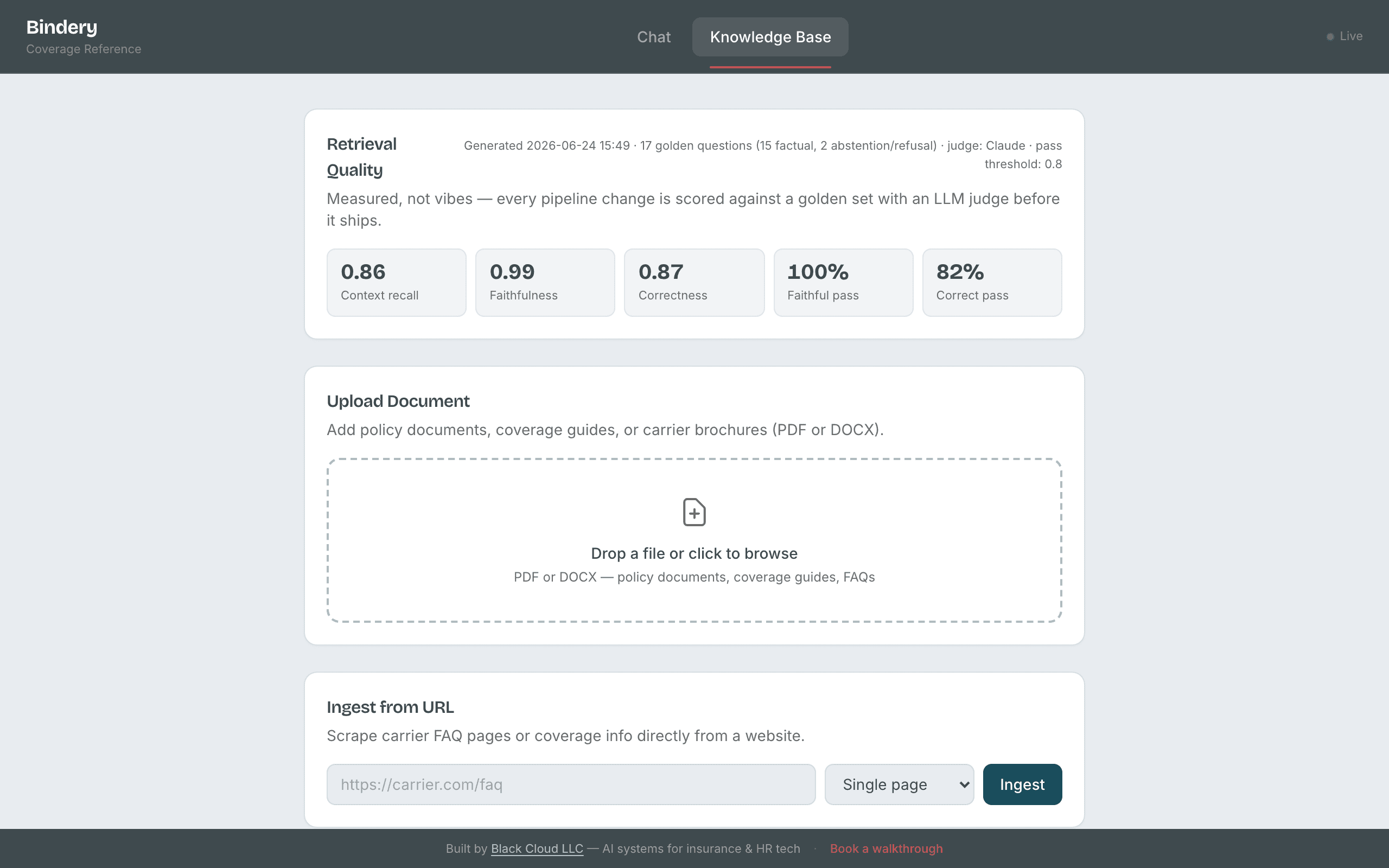 Bindery admin panel: retrieval quality metric tiles above the document knowledge base