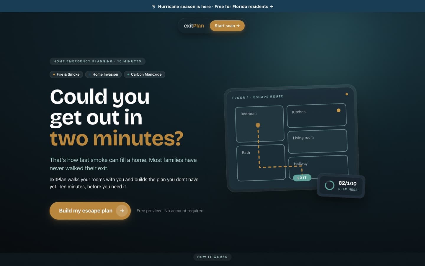 exitPlan home page with a floor plan, escape route, and readiness score